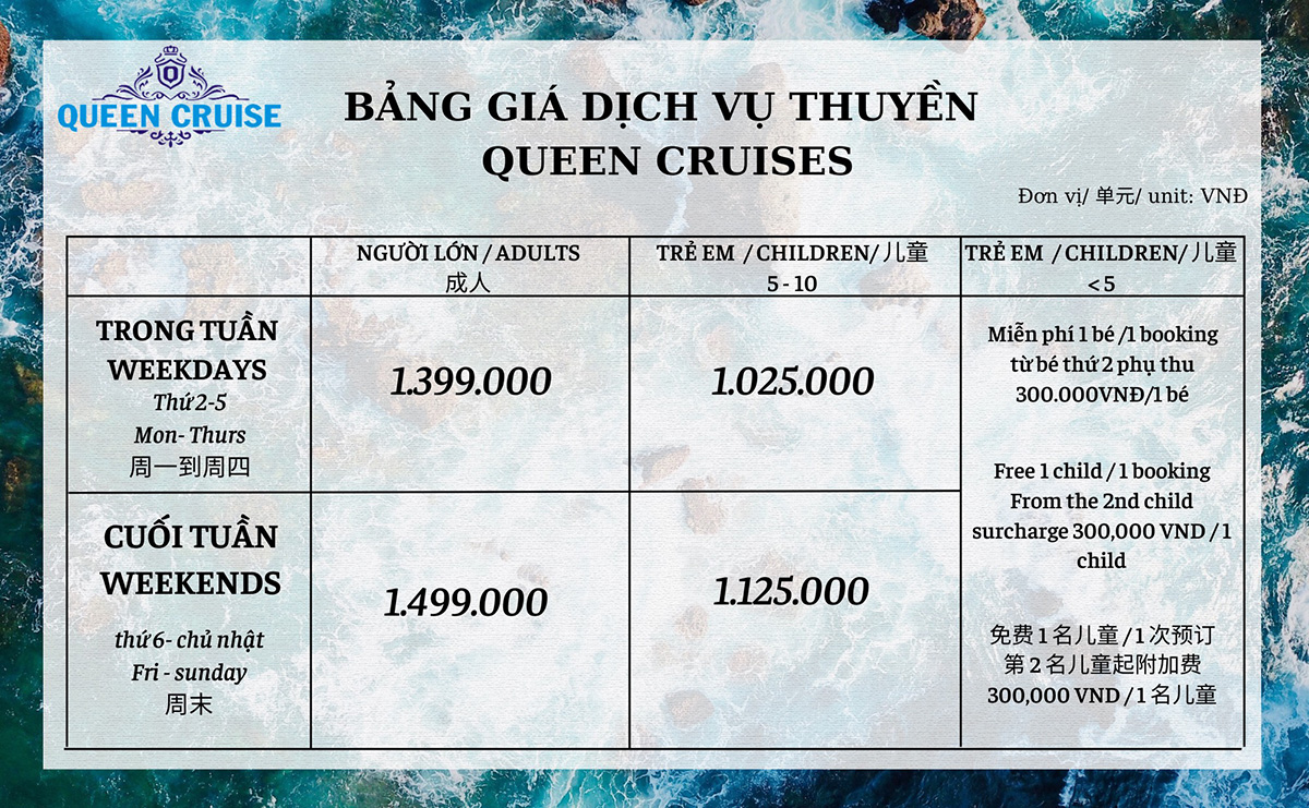 Bảng giá du thuyền Queen Cruise thăm vịnh Hạ Long