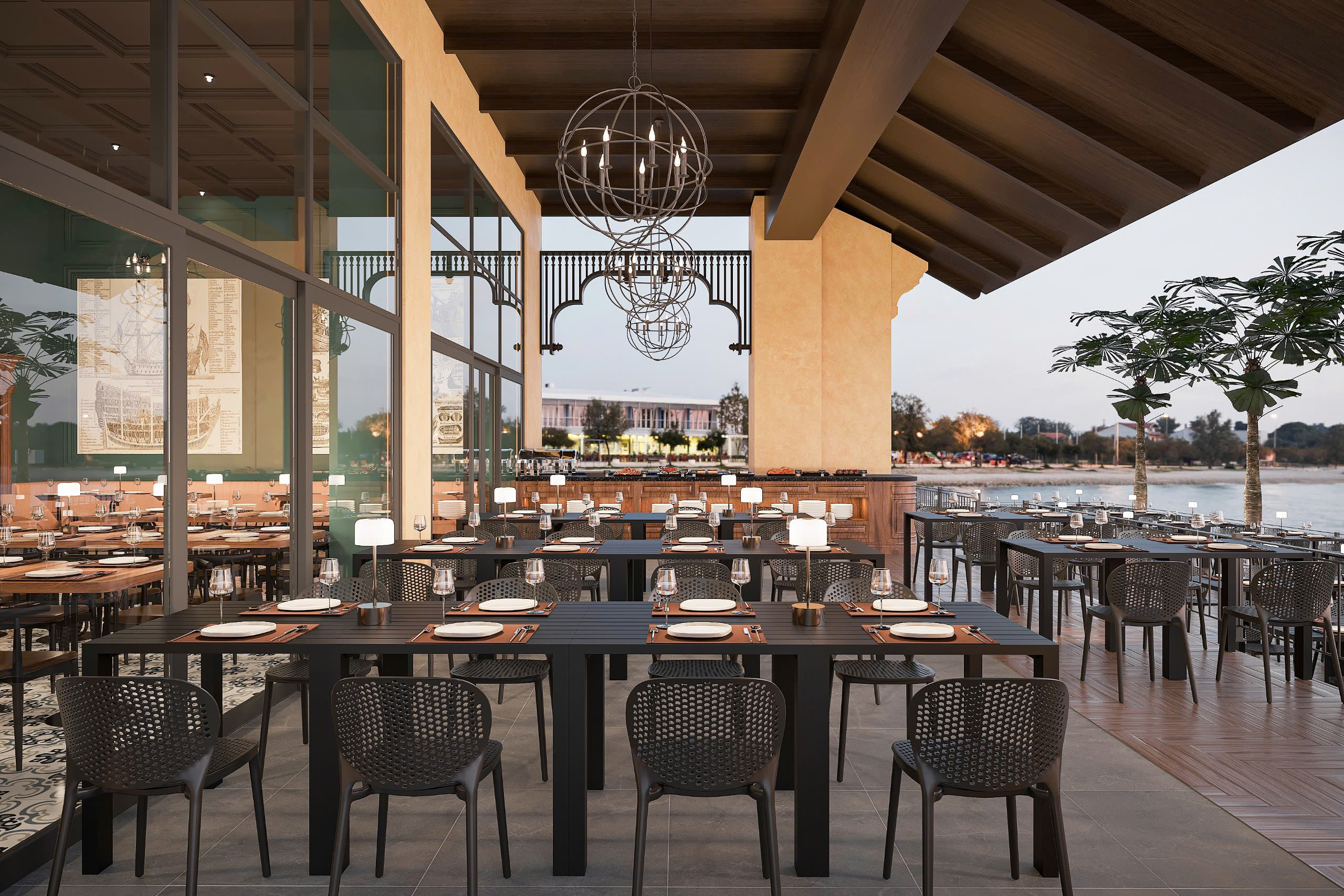 Bàn ăn ngoài trời tại nhà hàng buffet Ga Hải Sản Hạ Long Quảng Ninh