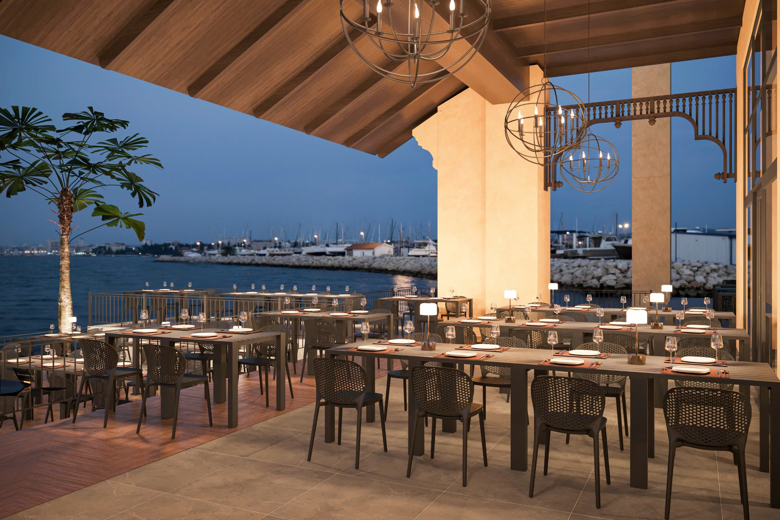 Bàn ăn bên bờ biển tại nhà hàng buffet Ga Hải Sản Bãi Cháy Hạ Long Quảng Ninh
