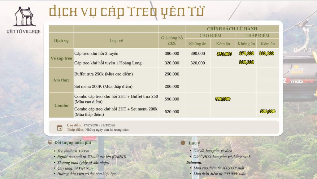 Giá vé Cáp treo Yên Tử Quảng Ninh 2026